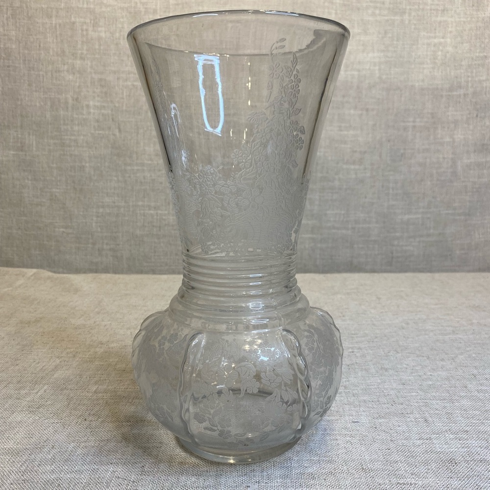 New Martinsville Viking Radiance with etching on clear glass.